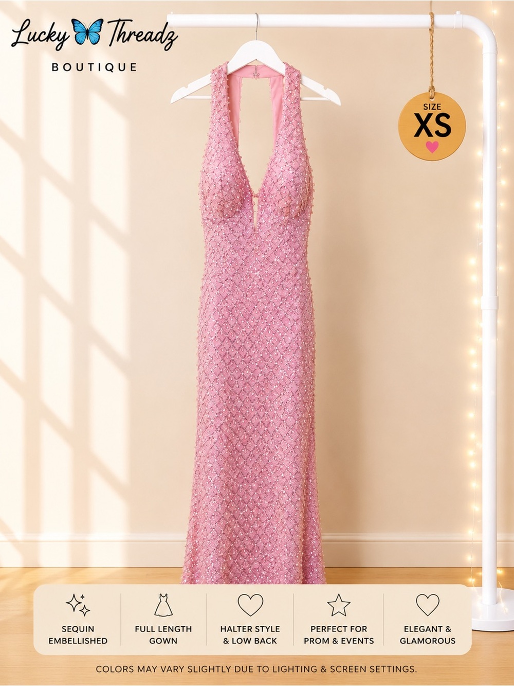 Pink Sequin Beaded Halter Maxi Prom/Formal Gown XS Windsor